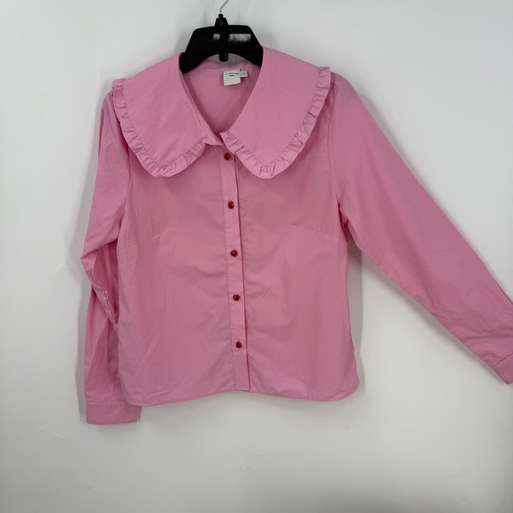 Skinnydip blouse with ruffle peter pan collar and heart shape buttons in pink 12 - Picture 1 of 13